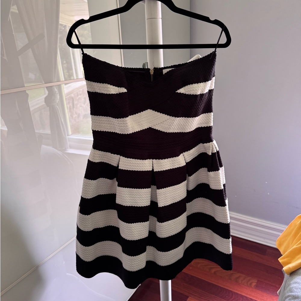 Black and White Striped Strapless Dress